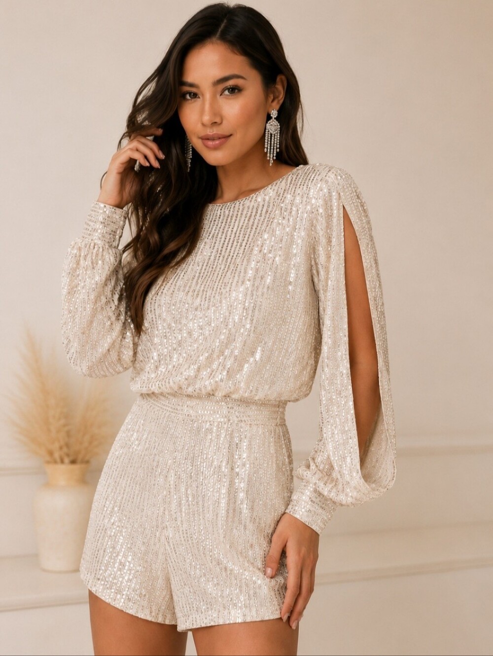 Champagne sequin romper ✨ cutout sleeves | glam | cocktail | Vegas | Medium